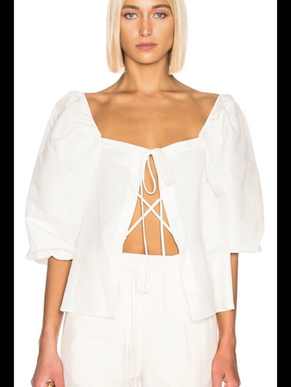 Cult Gaia Cream Puff-Sleeve Tie-Front Blouse